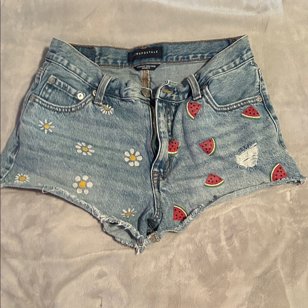 Aeropostale Women's Light Blue Jean Shorts with Floral and Watermelon Details
